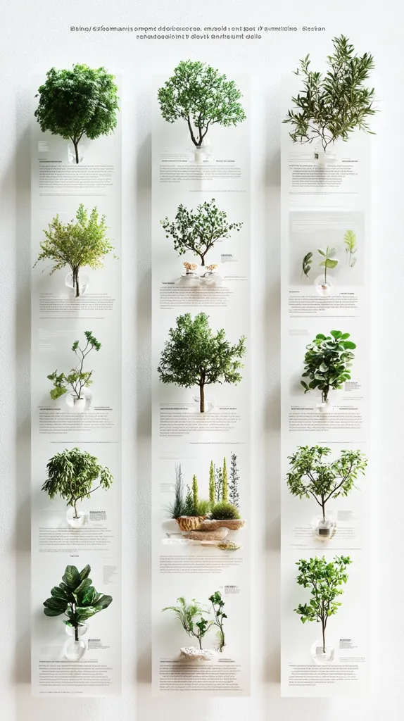 A white wall with 12 small, potted plants arranged in a grid. Each plant is displayed on a white card with a title and description. The plants vary in size and type, with some having flowers, others being leafy greens. The wall is clean and minimalistic, creating a modern and stylish aesthetic.