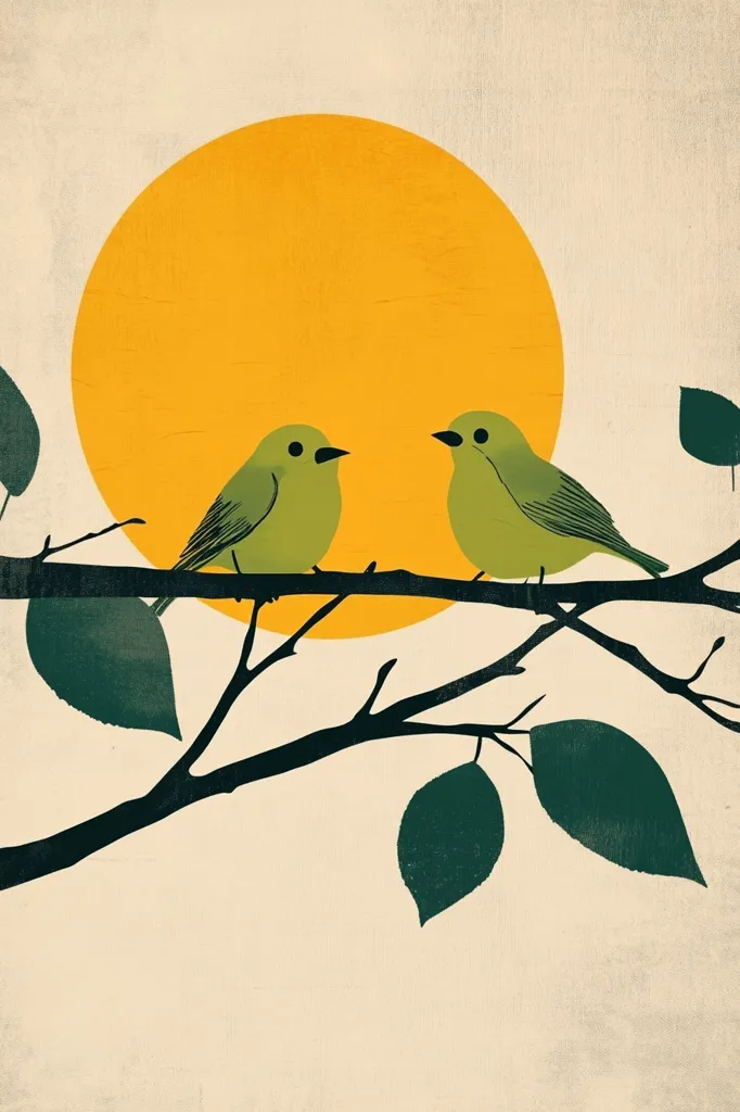 Two green birds are perched on a branch of a tree with dark green leaves. The birds are facing each other and appear to be communicating. A large, bright yellow sun is behind them in the sky. The image has a minimalist aesthetic with a focus on simplicity and nature. The colors are muted and earthy, creating a sense of peace and tranquility.