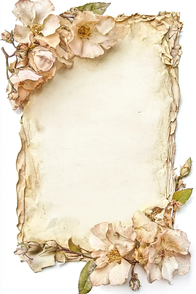 A vintage-style image with a cream-colored background that appears to be aged and worn.  The background is framed by delicate, faded roses that add a touch of elegance and timelessness to the piece. The roses are a pale pink color and have a delicate, wispy appearance.