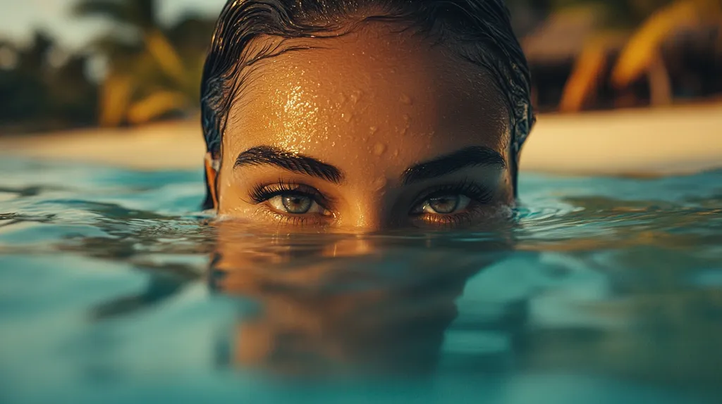 A woman's eyes are visible above the surface of the water. She is submerged in a pool, with only her eyes and part of her forehead showing. The water is clear and blue, and the light is soft and warm. Her eyes are large and bright, with long eyelashes. She appears to be looking directly at the camera, creating an intimate and mysterious feel.