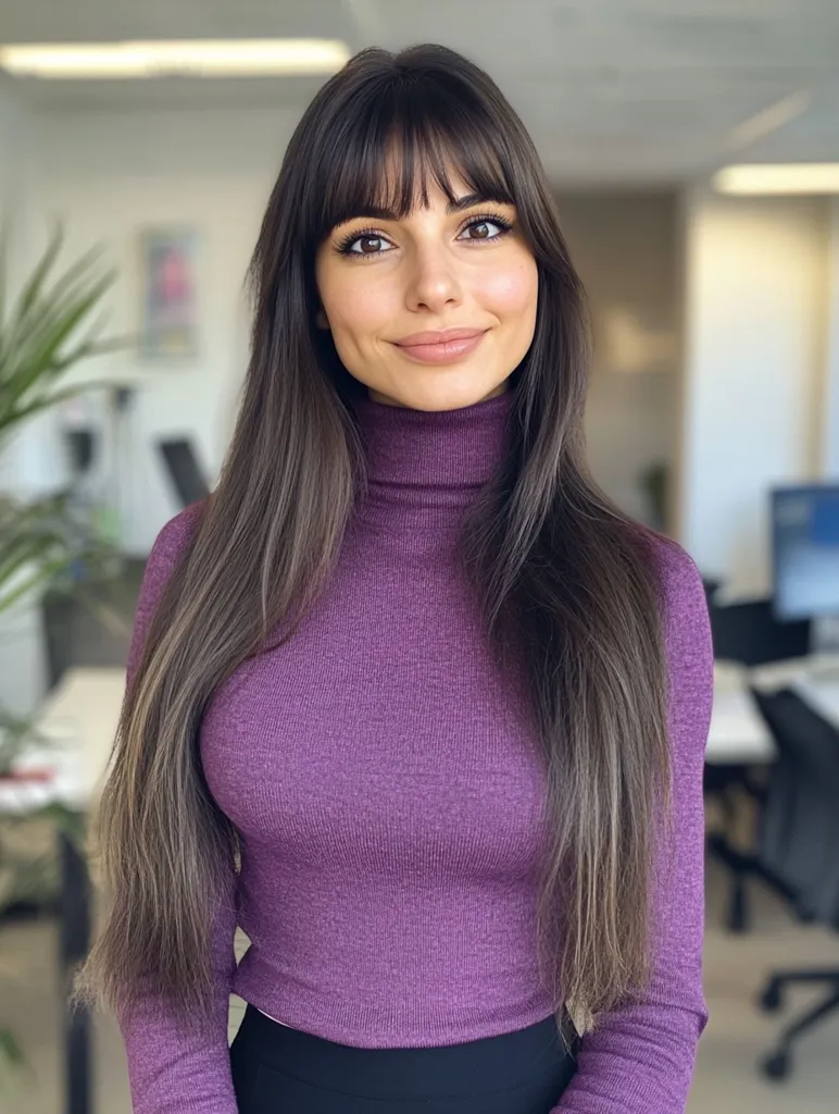 A young woman with long, dark brown hair and bangs is wearing a purple turtleneck sweater. She is looking directly at the camera with a gentle smile. Her hair is long and straight, falling past her shoulders. She appears to be in a professional setting, likely an office, as a desk and a computer monitor are visible in the background. The woman's expression is relaxed and approachable.