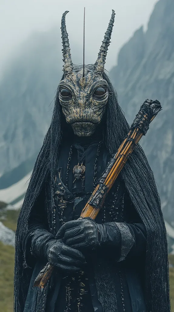 A mysterious figure with a long, dark cloak stands in a foggy, mountainous landscape. Their face is hidden by a strange, reptilian mask with large, dark eyes. They hold a long, wooden staff wrapped in leather, their gloved hands clasped around it. The figure's silhouette blends with the misty background, creating an eerie and unsettling atmosphere.