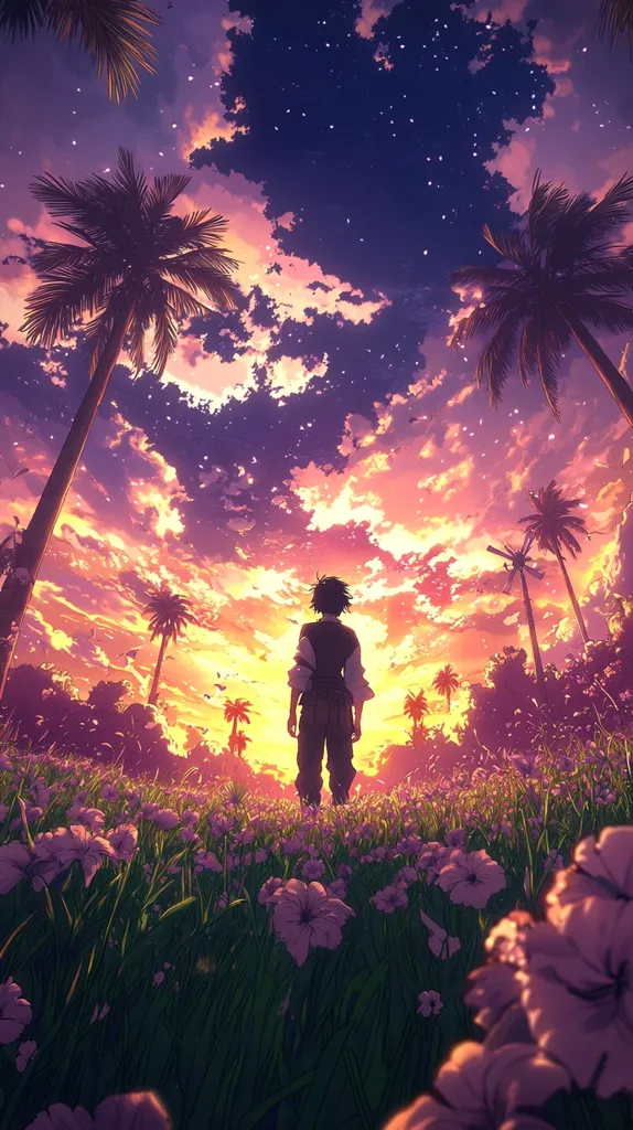 A lone figure stands in a field of purple flowers, bathed in the golden light of a setting sun. The sky is a vibrant mix of pink, purple, and orange, dotted with stars and clouds. Palm trees sway gently in the breeze, creating a tranquil and idyllic scene. The image evokes a sense of peace and tranquility, with the lone figure seemingly lost in thought, enjoying the beauty of their surroundings.