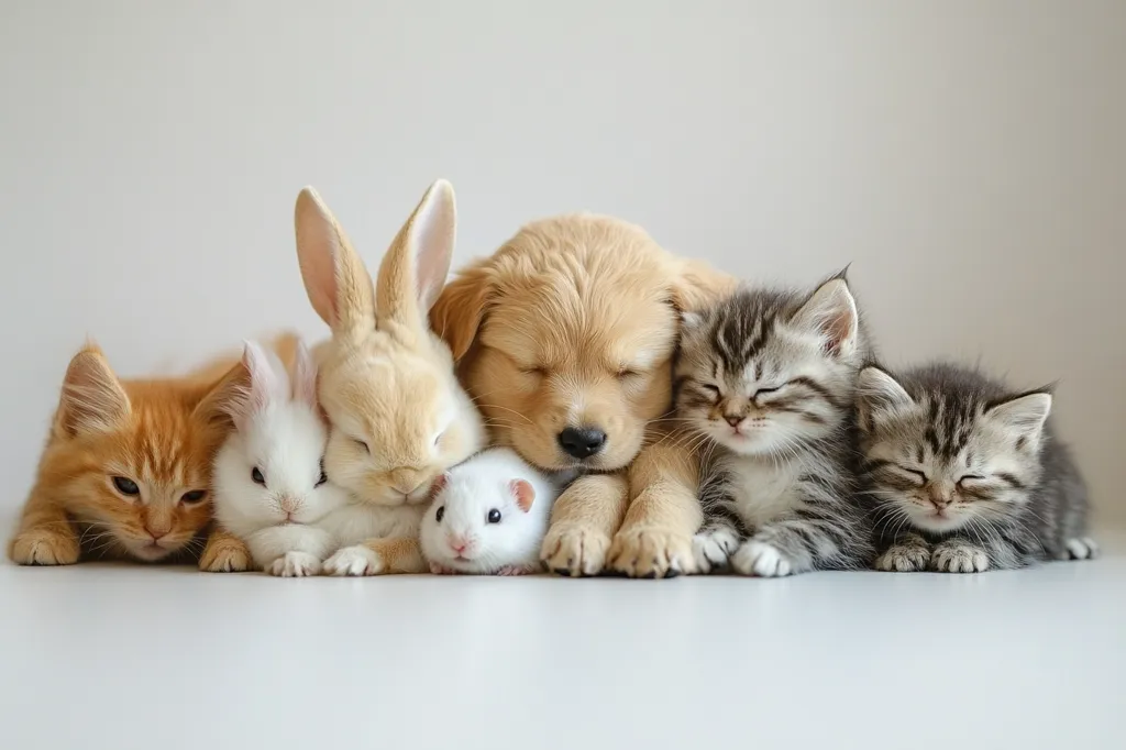 A group of adorable baby animals are cuddled up together. There is a golden retriever puppy, a white bunny, a brown bunny, a ginger kitten, a gray tabby kitten, and a white hamster. All of the animals are sleeping peacefully. The scene is heartwarming and evokes feelings of love and companionship.
