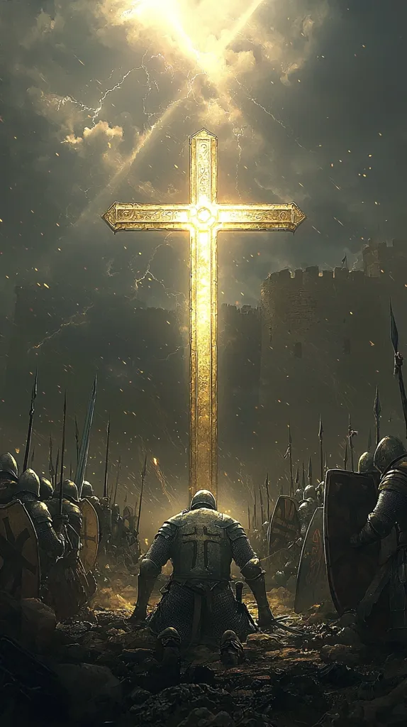 A large golden cross stands tall against a stormy sky, bathed in a radiant light.  A lone knight kneels in prayer before it, surrounded by an army of armored figures. The scene depicts a moment of faith and devotion amidst a battlefield, emphasizing the power and presence of a higher force. The knight's posture of surrender and the surrounding soldiers suggest a battle won or a moment of solemn reflection before a coming fight. The overall composition creates a sense of awe and reverence.