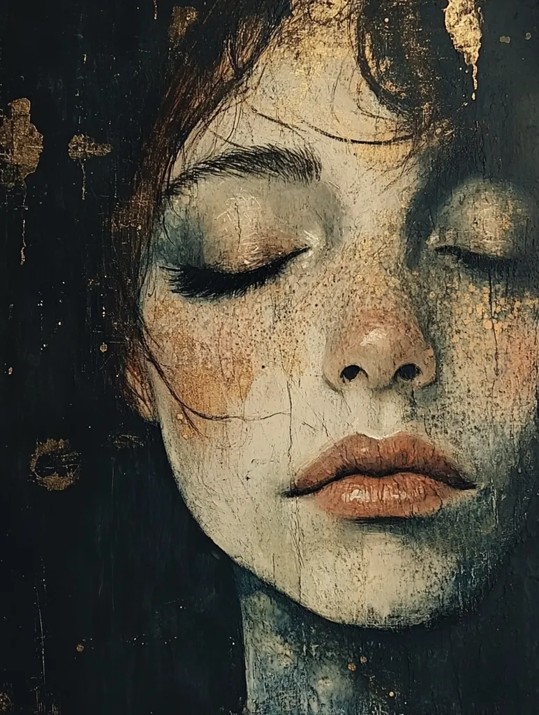 The painting depicts a woman's face, with her eyes closed and a soft expression. The artist has used a textured, painterly style, capturing the subtle details of her skin and hair. The use of gold accents and the dark background create a sense of depth and mystery. The overall mood is one of tranquility and introspection.