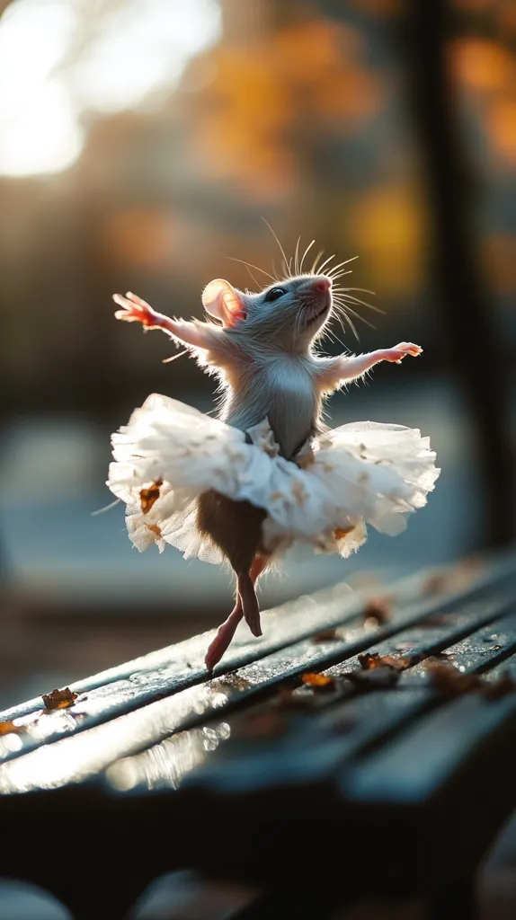 A small, white mouse is dressed in a white tutu and is standing on a wooden bench. It is striking a ballerina pose with its arms extended and feet pointed. The mouse is looking up and smiling. The background is blurry, but you can see some golden fall foliage and a tree trunk. The overall effect is a whimsical and charming image.