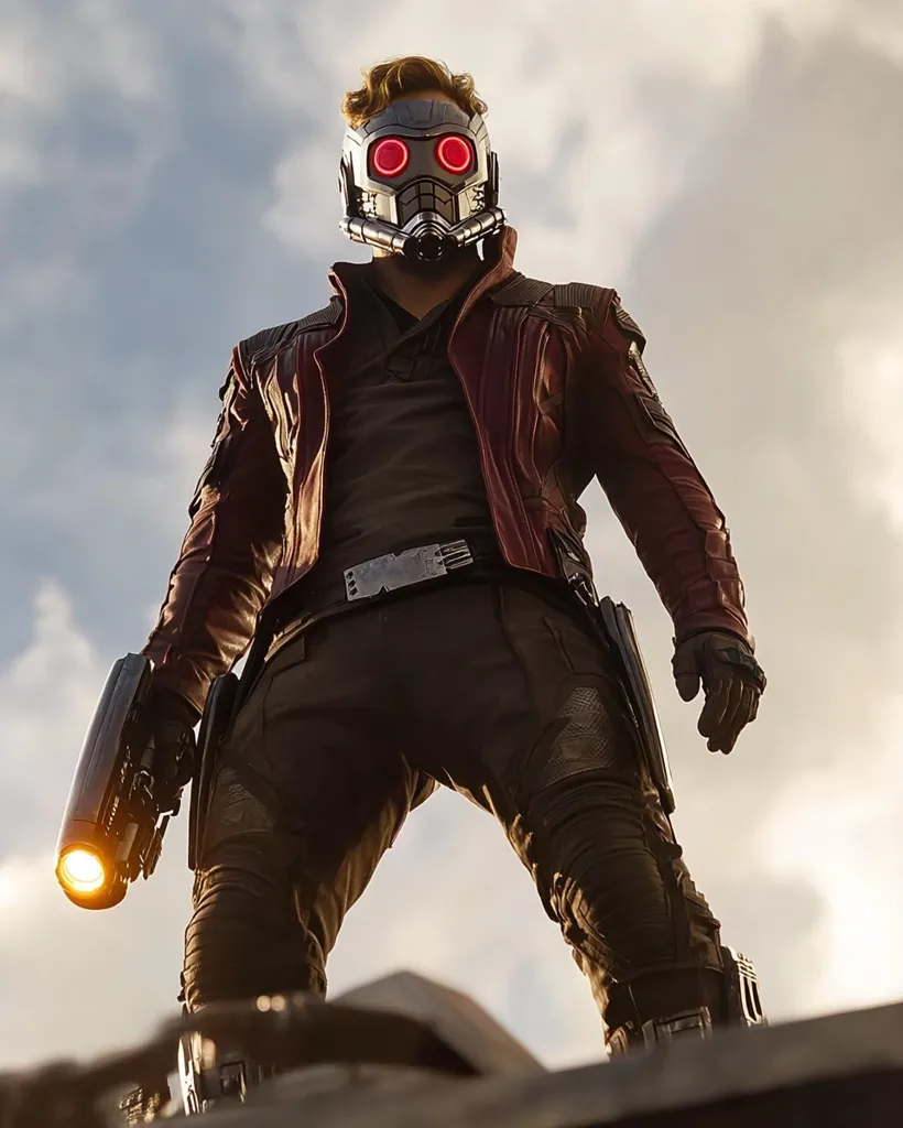 A man wearing a red and brown leather jacket and a futuristic helmet with glowing red eyes stands on a rooftop looking up at the sky. He is holding a weapon with a glowing end. The man has a determined look on his face, and his pose suggests that he is ready for battle.  The image is likely from a science fiction movie or TV show.