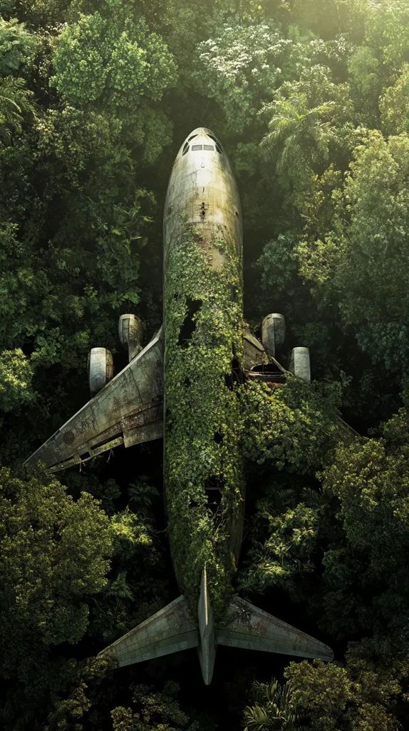 A large airplane is partially submerged in a dense, green forest.  The plane is overgrown with vines and foliage, blending seamlessly with the surrounding trees.  The fuselage and wings are visible, while the cockpit is obscured.  The scene captures the power of nature to reclaim and consume even the most imposing man-made structures.  The image is a haunting reminder of the passing of time and the relentless force of nature.