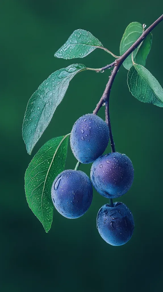Four round, dark blue plums hang from a branch with green leaves. The plums are covered in tiny droplets of water, giving them a glistening appearance. The leaves are also wet, with water droplets scattered across their surface. The background is a soft, out-of-focus green, creating a sense of depth and tranquility. The image captures the beauty of nature, with its delicate details and vibrant colors.