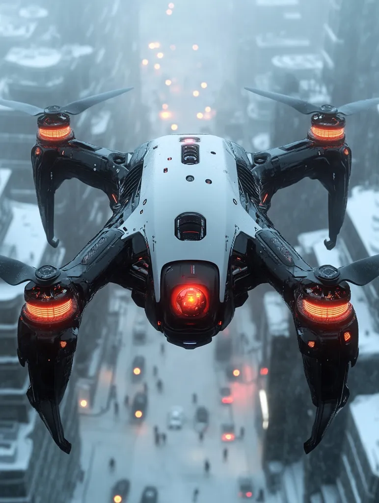 A futuristic drone hovers above a snowy city street, its sleek white body and black accents contrasting against the white background.  Red lights illuminate the drone's underside and its camera lens, creating a sense of intensity.  The drone's position above the busy city suggests a technological advancement in aerial surveillance or delivery.