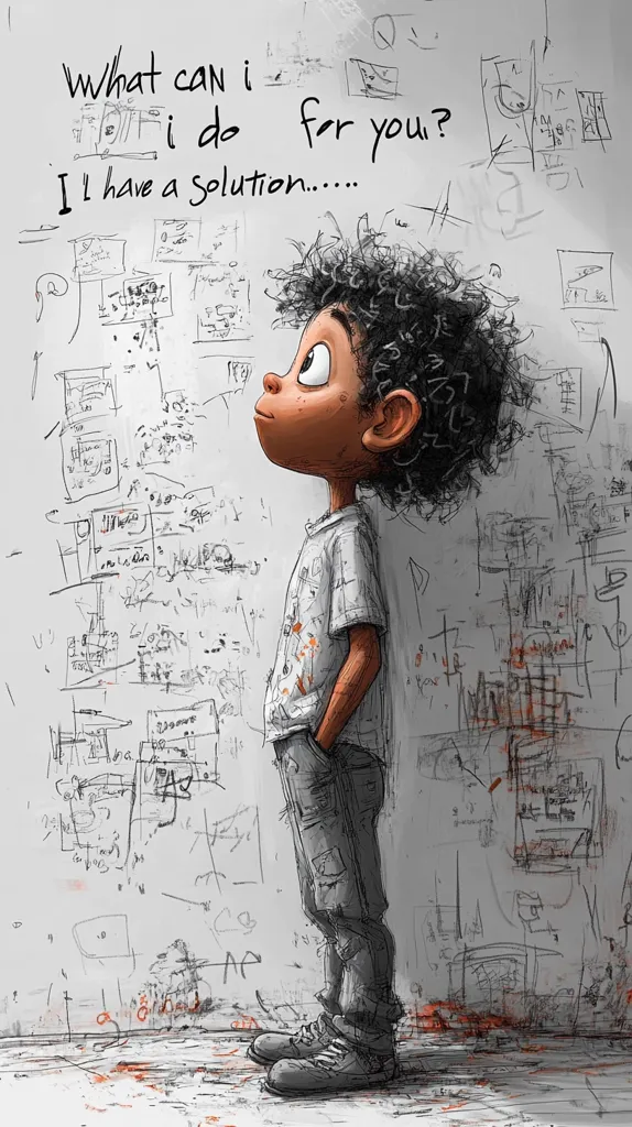 The image features a cartoon-style illustration of a young boy standing in front of a wall covered in scribbles and drawings. He is looking upwards, with a hopeful expression on his face, and the text "what can i do for you? I'll have a solution...." written above him. The overall tone is optimistic and suggests the boy is ready to help and solve problems. The scribbles on the wall add a sense of creativity and a playful atmosphere.