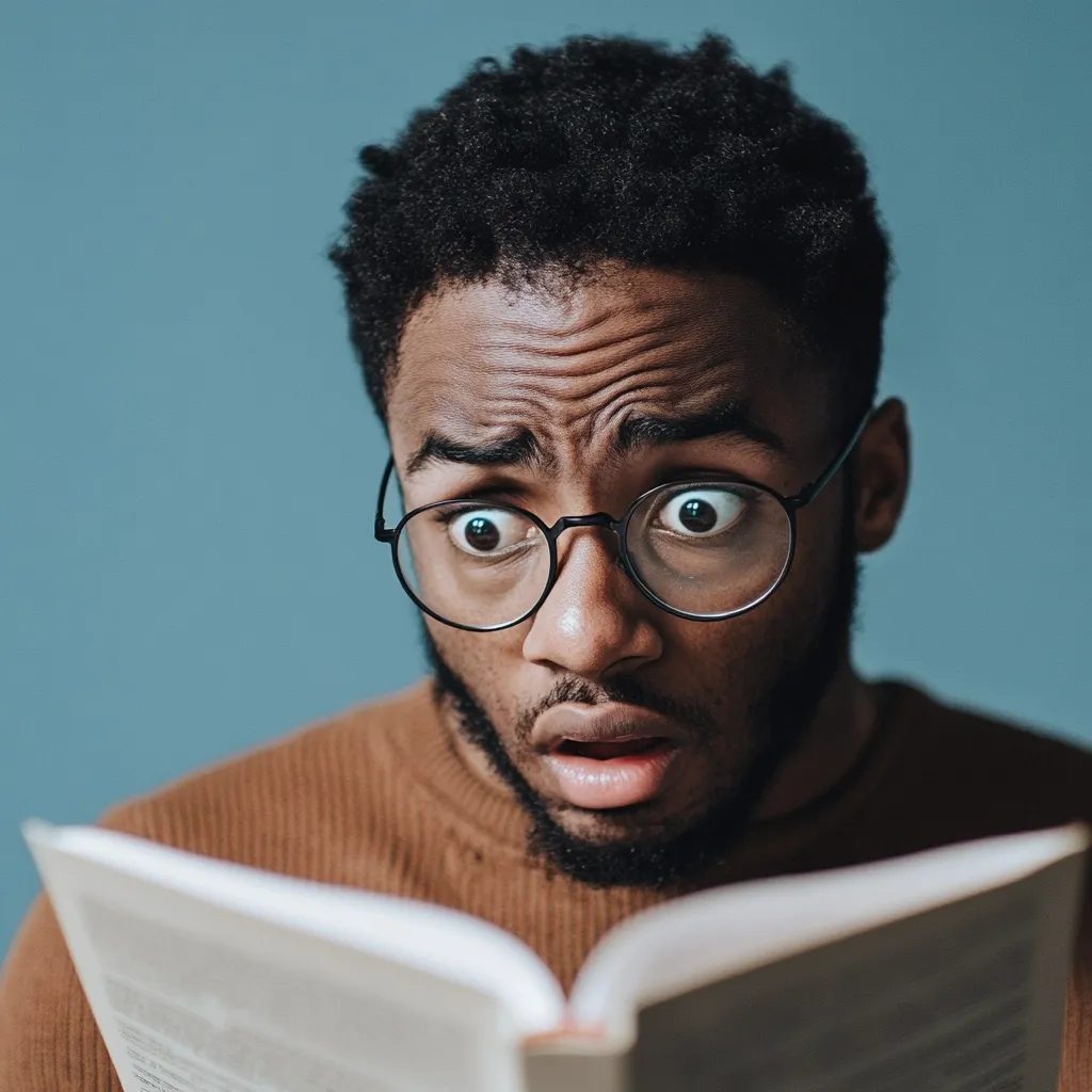A young man with a shocked expression is looking at a book in his hands. His eyes are wide and his mouth is open. He has short, curly black hair and is wearing round black glasses. He is wearing a brown sweater. The background is a light blue wall.