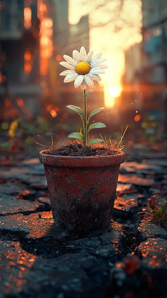 A single daisy in a terracotta pot sits on a cracked, dark stone surface. The daisy is in full bloom, with white petals and a bright yellow center. The pot is brown and weathered, and the plant's green leaves are visible. The background is a blurred image of a city street with the sun setting in the distance, creating a warm, golden glow. The overall image evokes a sense of peace and tranquility amidst the bustling city.