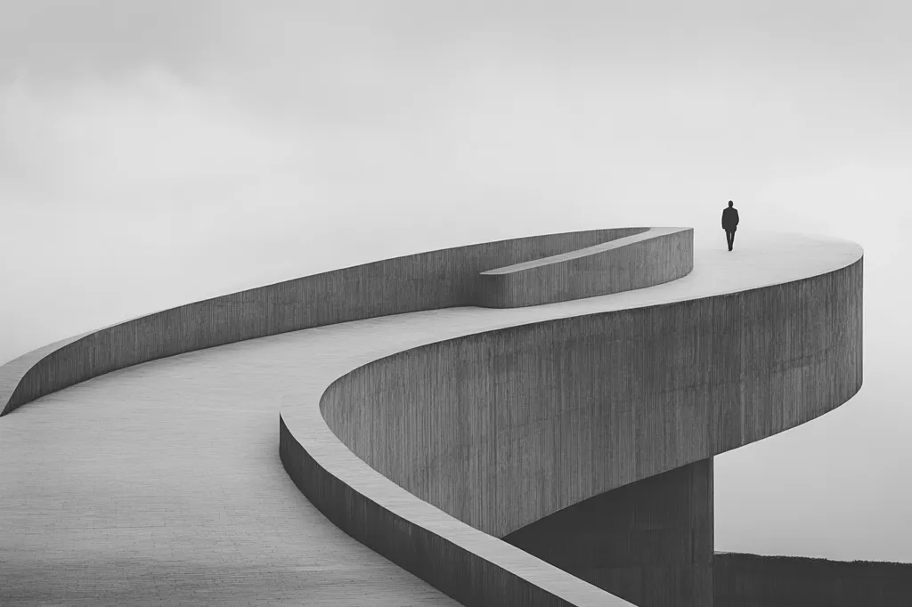A lone figure walks along a winding concrete path, seemingly suspended in mid-air. The path curves and dips, leading to an unknown destination. The minimalist black and white composition emphasizes the starkness of the architecture and the isolation of the individual.  The vast expanse of sky above adds a sense of vastness and contemplation.