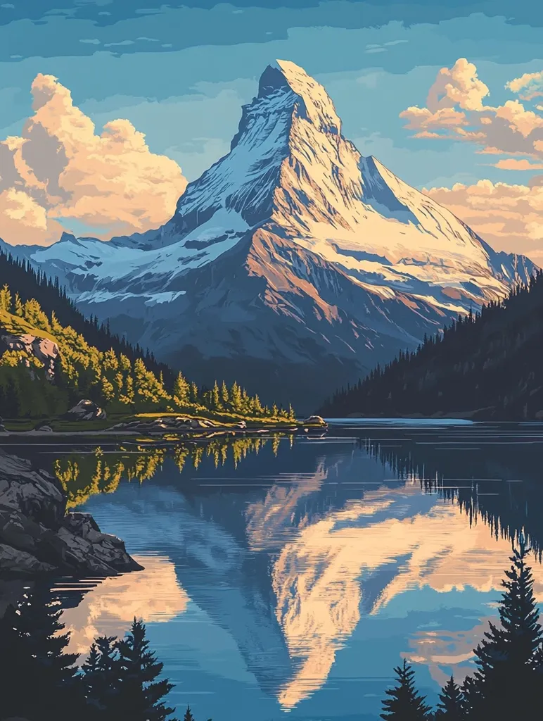 A majestic snow-capped mountain, likely the Matterhorn, stands tall against a blue sky with fluffy clouds. Its reflection is mirrored perfectly in a still lake, creating a serene and picturesque scene. Lush greenery surrounds the lake, adding to the natural beauty of the landscape. The image evokes a sense of tranquility and awe-inspiring nature.