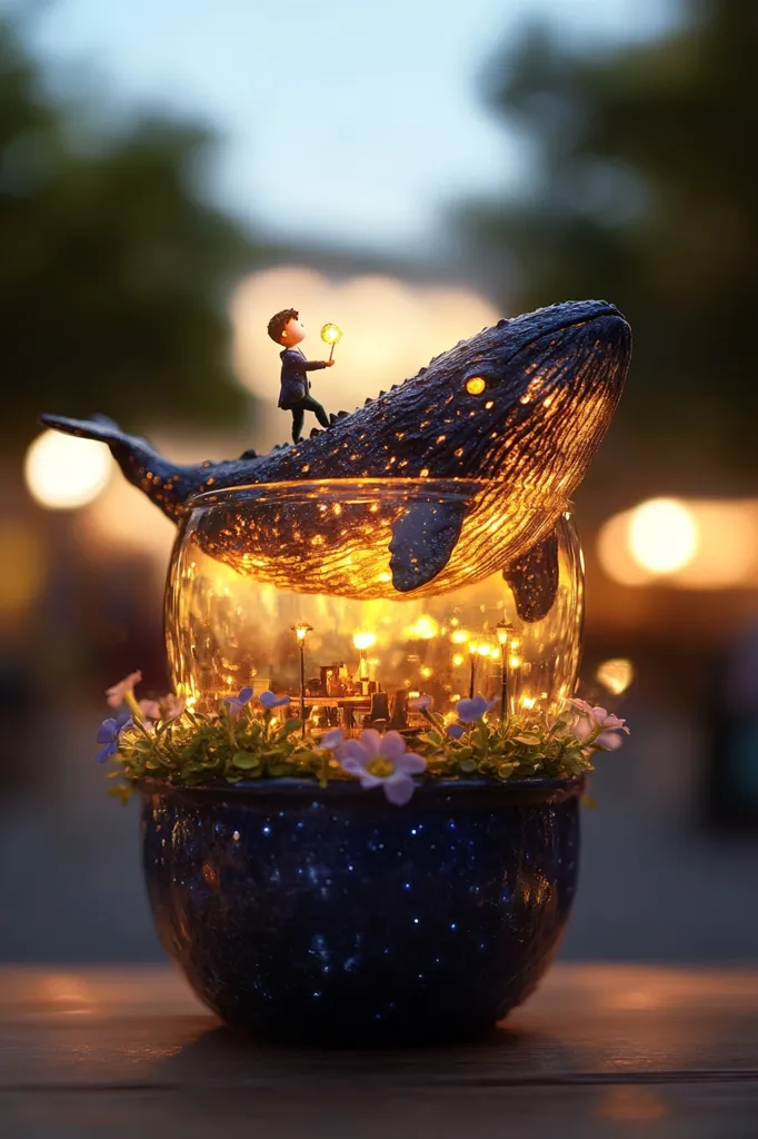 A miniature figurine of a boy holding a glowing orb sits atop a whale figurine inside a glass jar.  The jar is surrounded by green foliage and purple flowers and sits on a wooden table.  The jar glows with small, warm lights and the backdrop is a blurred out view of a warm sunset.  The overall mood is whimsical and magical.