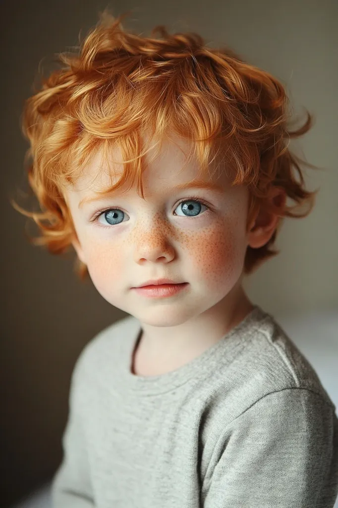 A young boy with bright red hair and blue eyes stares intently at the camera. He has freckles across his nose and cheeks. He is wearing a light grey long-sleeved shirt. The background is blurry and out of focus.  The image is soft and sweet.  The boy's expression is both curious and innocent.