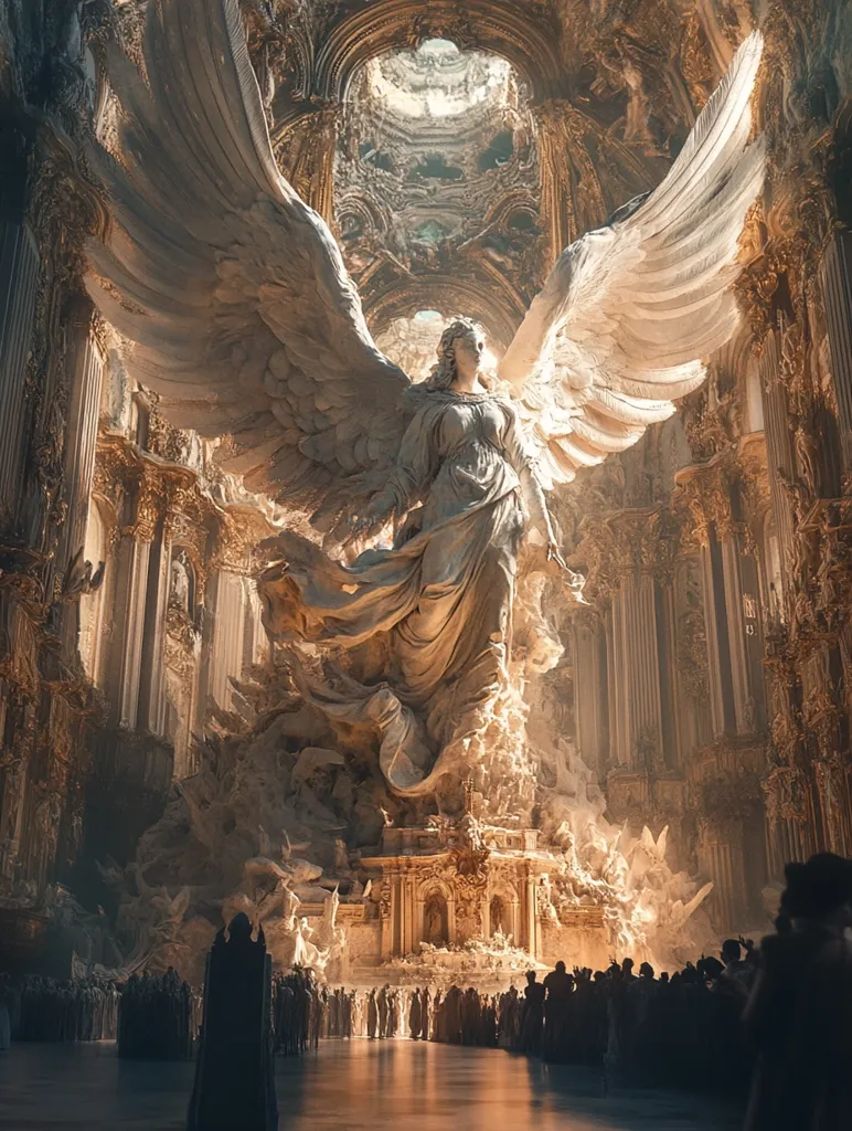 A majestic angel statue stands tall in a grand, ornate cathedral. The angel's wings are spread wide, and its gaze is focused on the altar. Below, a congregation of people look up in awe. Light streams in from the stained glass windows, illuminating the scene in a warm, ethereal glow. The architecture is intricate and detailed, with soaring arches and intricate carvings. The image evokes a sense of reverence and wonder, suggesting the presence of something powerful and divine.