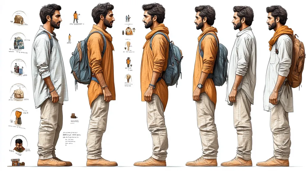 The image depicts six illustrations of the same man, each in a different outfit. He is wearing a backpack and casual clothing, with variations in the color of his shirt, jacket and scarf. The illustrations are set against a white background and surrounded by a variety of small drawings that seem to relate to the outfits.