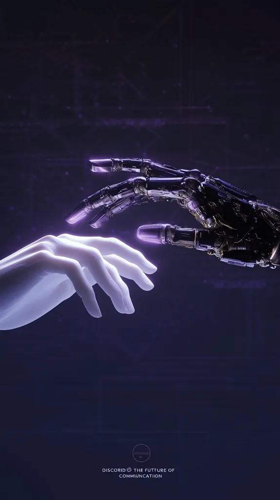 The image shows a human hand reaching out to a robotic hand. The human hand is white and translucent, while the robotic hand is made of metal and is black. The two hands are almost touching, with a faint purple glow between them. The image is set against a dark background and has the text "Discord - The Future of Communication" at the bottom.