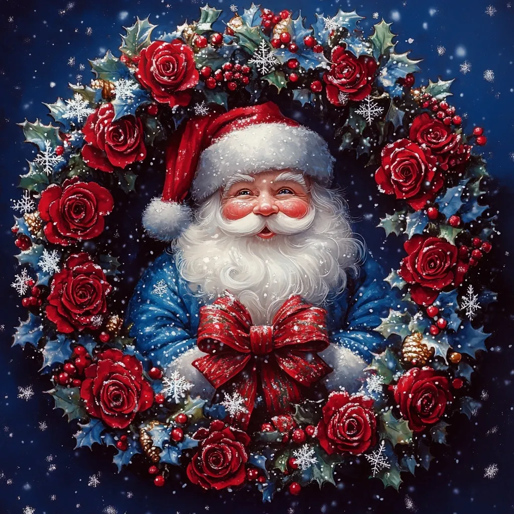A jolly Santa Claus with a white beard and rosy cheeks smiles from behind a wreath of red roses and holly. The wreath is adorned with snowflakes and pine cones, creating a festive winter scene. Santa wears a blue jacket with a red bow, adding to the cheerful Christmas imagery. The backdrop is a deep blue, suggesting a snowy night.  The image evokes a sense of holiday cheer and warmth.