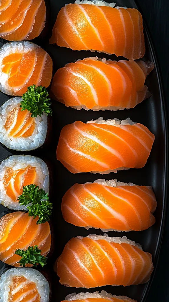 A plate of nigiri sushi with salmon is arranged on a black plate. The sushi is made with vinegared rice topped with slices of raw salmon and is garnished with green parsley. The sushi pieces are neatly arranged in rows.  The salmon is glistening and the rice is white and fluffy. The overall image evokes a sense of freshness and appetite.