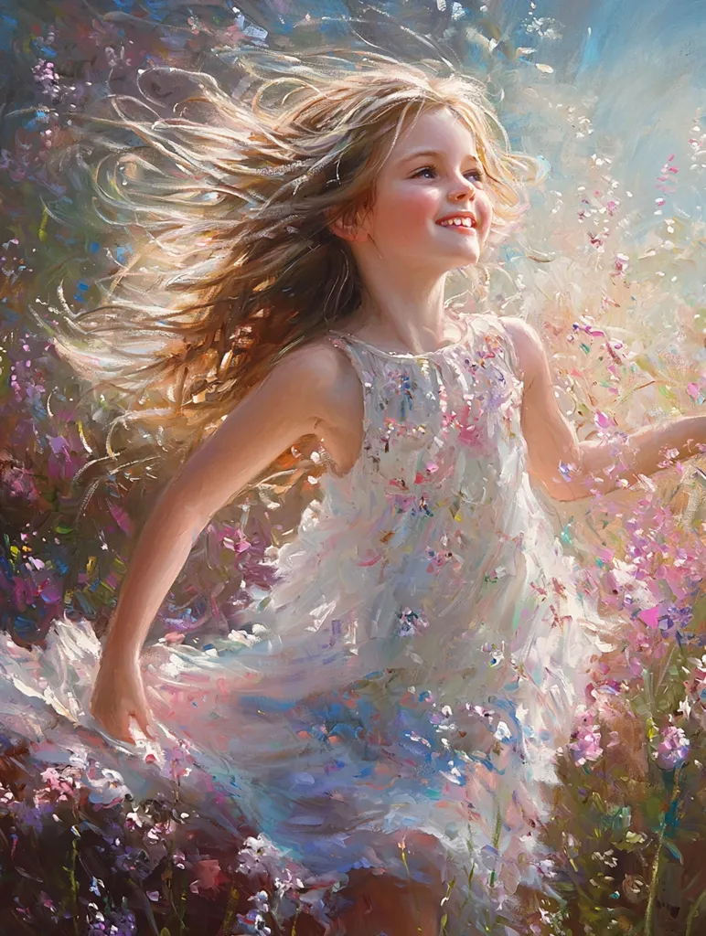 A young girl with long blonde hair, wearing a white dress with floral accents, is standing in a field of wildflowers. She is smiling and her hair is blowing in the wind. The image is painted in a loose, impressionistic style, with soft colors and brushstrokes. The overall feeling is one of joy and innocence.