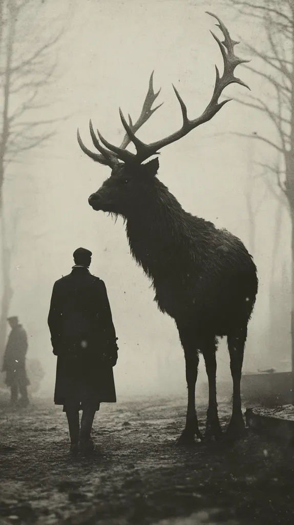 A man in a coat stands in the foreground of a foggy, gray landscape.  He is facing a large, imposing elk with massive antlers. The elk’s silhouette is outlined against the haze,  and both the man and the animal appear to be standing in the middle of a dirt path.  The image is in black and white and has an eerie, almost haunting feel.  The composition is simple yet striking, with the man and the elk as the central figures.