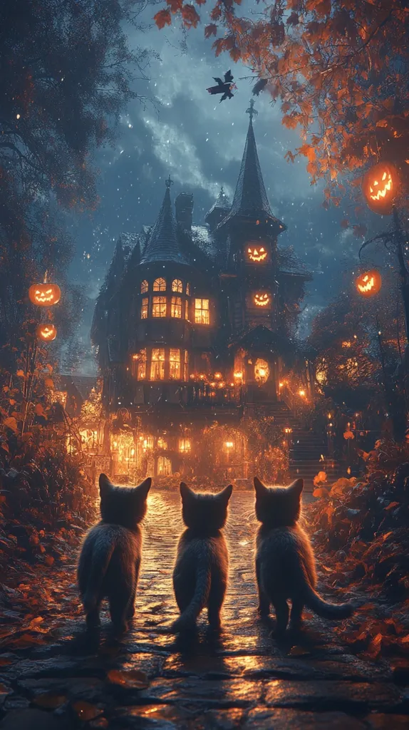 Three black cats stand in a row on a cobblestone path leading to a spooky, dimly lit, gothic-style mansion. The mansion is decorated with jack-o'-lanterns and glows with warm light. The image is set in a dark, autumnal forest with falling snow. The scene is eerie and mysterious.