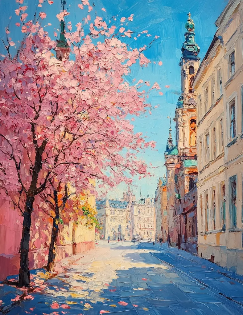 A painting of a European city street, dominated by a vibrant pink cherry blossom tree. The tree casts a long shadow on the cobbled street, leading towards a towering church spire in the distance. The building facades are bathed in warm sunlight, and the sky is a clear, light blue. The overall impression is one of cheerful serenity and springtime beauty.