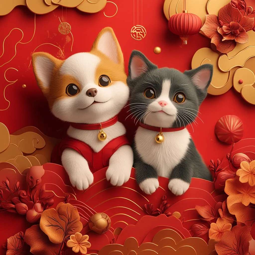 A fluffy, white and orange dog and a black and white cat with big eyes are positioned on a red background with intricate gold and red paper cutouts. They wear red collars with gold bells and are looking directly at the viewer, seeming to smile. The image evokes a sense of Chinese New Year festivity.