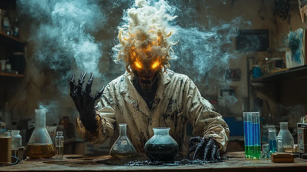 A monstrous figure with glowing eyes and a grotesque face, dressed in a lab coat, stands in a dimly lit laboratory. The figure has clawed hands and is surrounded by smoke and chemical beakers. The overall atmosphere is eerie and unsettling. The figure's presence creates a sense of fear and anticipation.