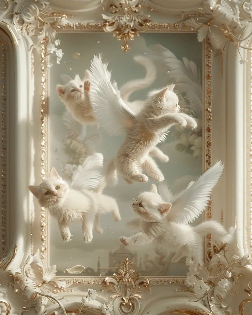 The image depicts four white kittens with feathery wings, flying in a graceful formation inside a large, ornate, gold-trimmed picture frame. The frame is embellished with delicate floral motifs, adding a touch of elegance to the scene. The kittens' wings are translucent and shimmering, while their bodies are bathed in soft, ethereal light. The overall aesthetic is whimsical and dreamy, evoking a sense of fantasy and magic.