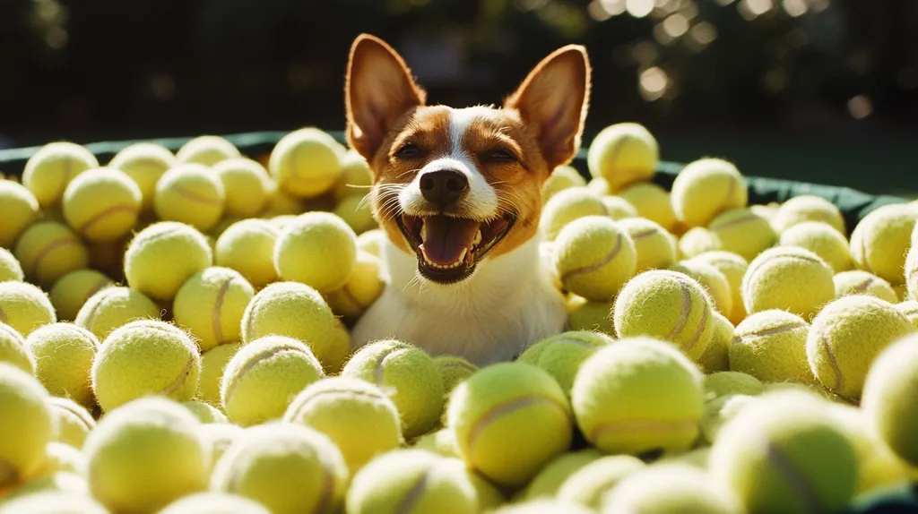 A small, happy dog with brown and white fur is surrounded by yellow tennis balls. The dog's mouth is open in a smile, and its eyes are bright. The dog appears to be playing in a large pile of tennis balls. The background is out of focus. The photo captures the joy of a dog playing with its favorite toys.