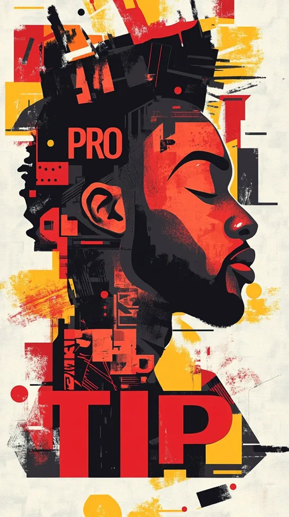 The image is a stylized portrait of a man's face, rendered in a bold, graphic style.  His face is predominantly red, with black outlines and details. The background is a mix of yellow, red, and black geometric shapes, creating a sense of energy and dynamism. The word "PRO" is prominently featured in the top left corner, while the word "TIP" is displayed in large red letters at the bottom. The overall impression is one of urban cool and artistic expression.