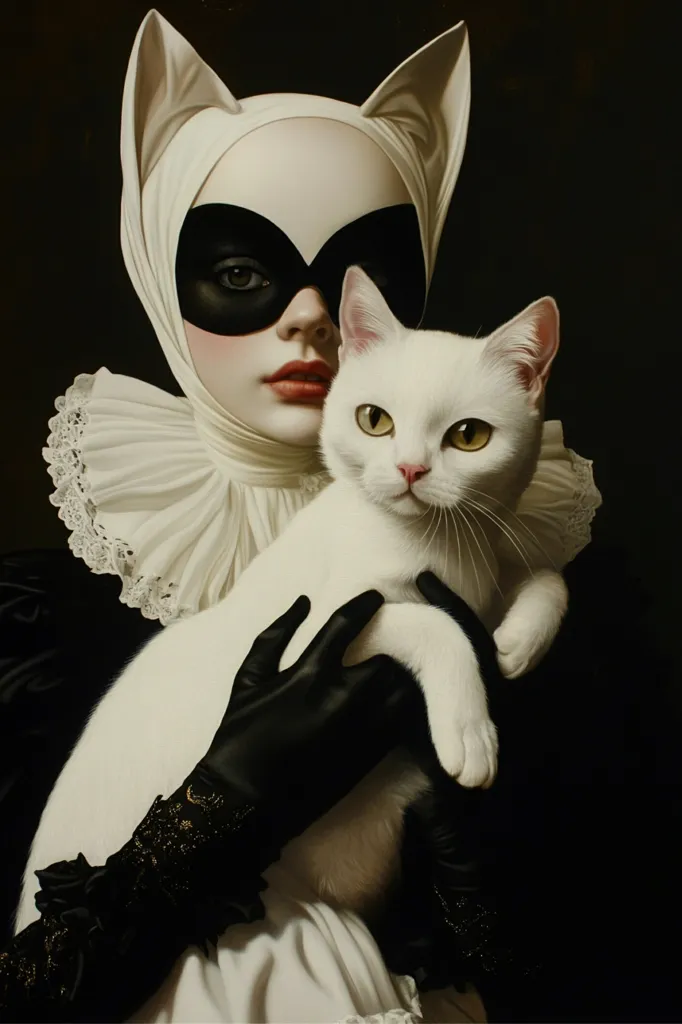 A woman with cat-like ears and a black mask cradles a white cat in her arms. She is wearing a white, ruffled collar and black gloves. The background is a dark, shadowy canvas, creating a dramatic contrast with the light colors of the woman and cat. The image has an ethereal and mysterious quality.
