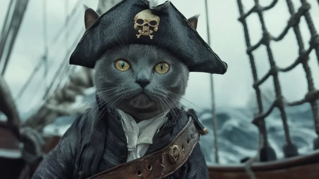 A grey cat wearing a pirate hat with a skull and crossbones, a leather jacket and a white shirt with a belt. The cat is staring intensely at the viewer, with a serious expression. The cat is on a ship with a rope netting in the background and rough seas behind.  The cat is dressed up as a pirate, ready for adventure.