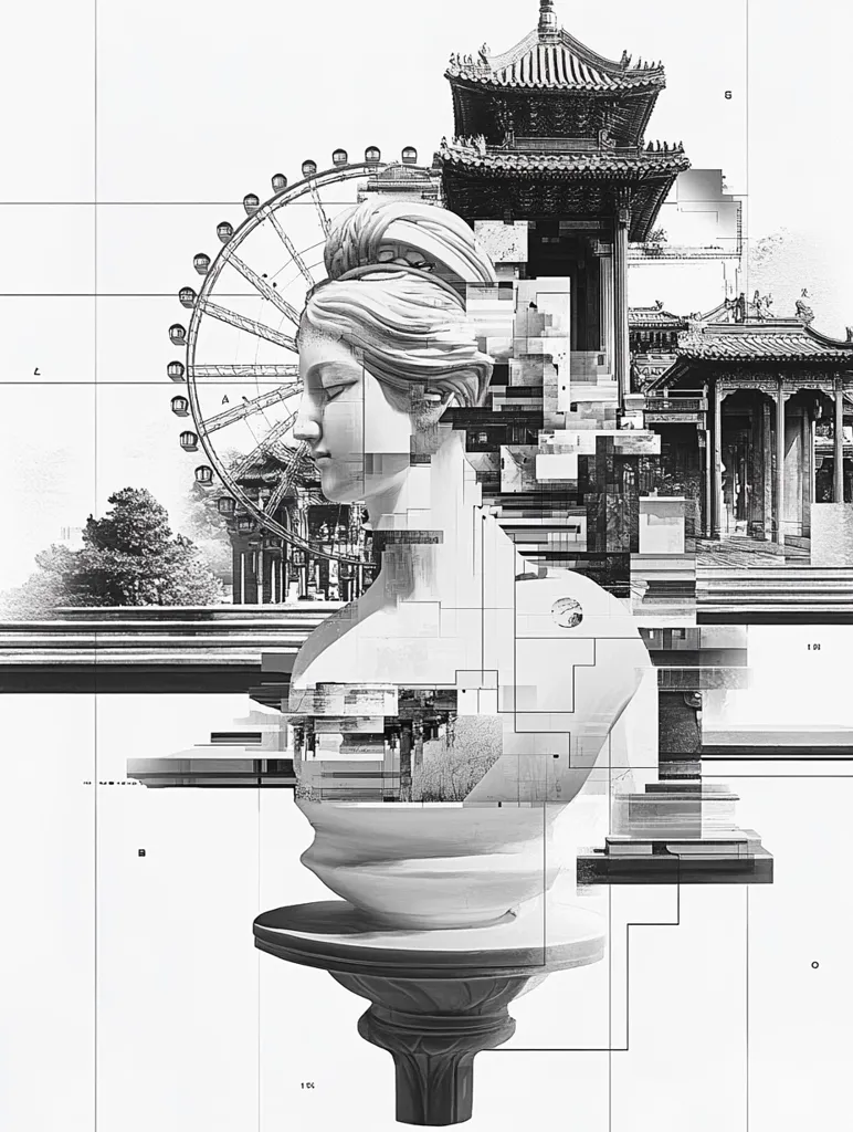 A black and white digital art piece features a bust of a woman with her face turned to the side. The bust is positioned on a pedestal and overlaid with a grid pattern and a blurred image of a Chinese-style temple and Ferris wheel in the background. The overall effect is a fragmented and dreamlike quality.