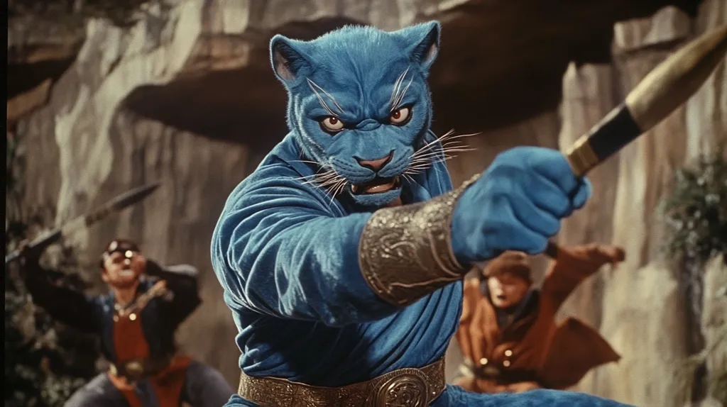 A blue-furred, cat-like creature with a menacing expression holds a dagger and faces the camera.  It is dressed in a blue, long-sleeved shirt with a gold belt.  The creature appears to be in a fighting stance, with one hand raised to hold the dagger and the other extended to its side.  Behind it, out of focus, are two men dressed in similar clothing.  One of the men is holding a long, bladed weapon.