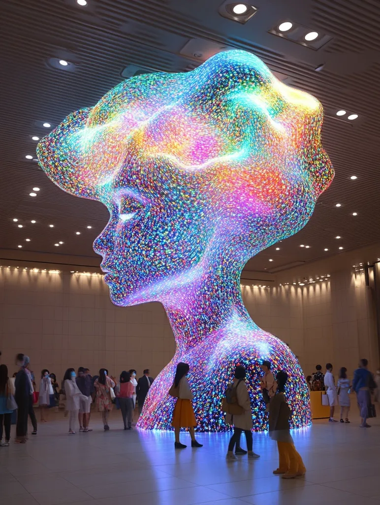 A large, abstract sculpture of a human head made of twinkling lights stands in a spacious room. The sculpture is made of a web-like material, lit with colorful LED lights, giving it a dreamy and ethereal appearance. People stand in awe around the artwork, admiring its brilliance. The sculpture is a stunning display of light, form, and imagination.