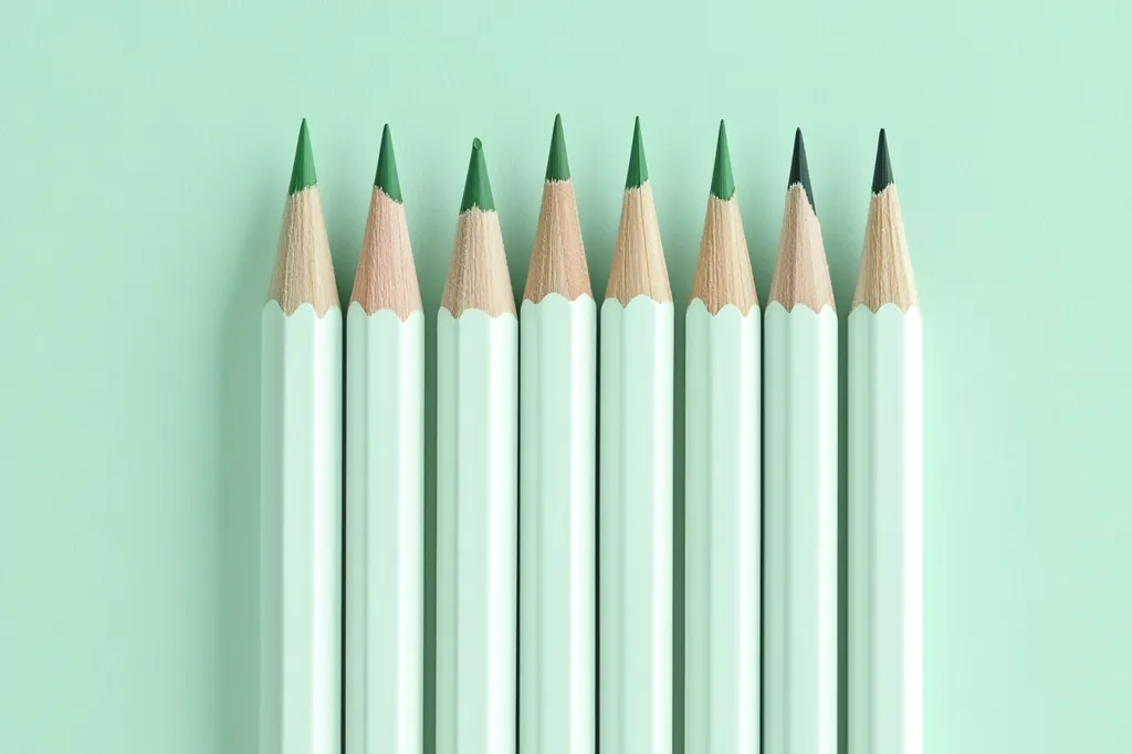 Eight white pencils with green and grey tips are lined up against a light green background. The tips of the pencils are facing upwards.  The pencils are arranged in a row, with the tips of the pencils aligned with one another.