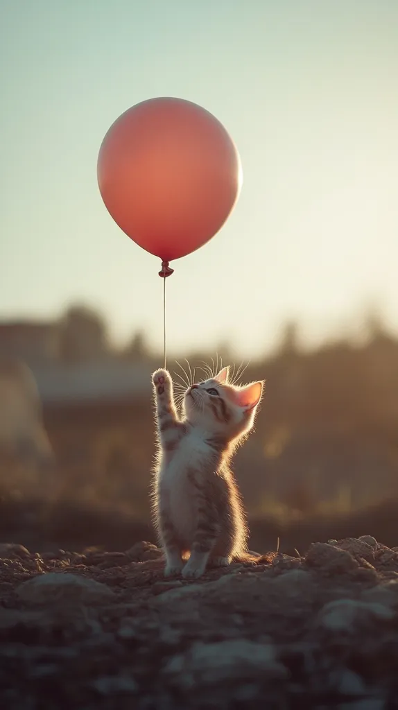 A cute kitten reaches up towards a bright red balloon, which is floating in the sky with a string. The kitten is looking up at the balloon with an expression of wonder. The background is blurred and the sun is setting, creating a warm glow. The image is heartwarming and captures the innocence of a young animal.