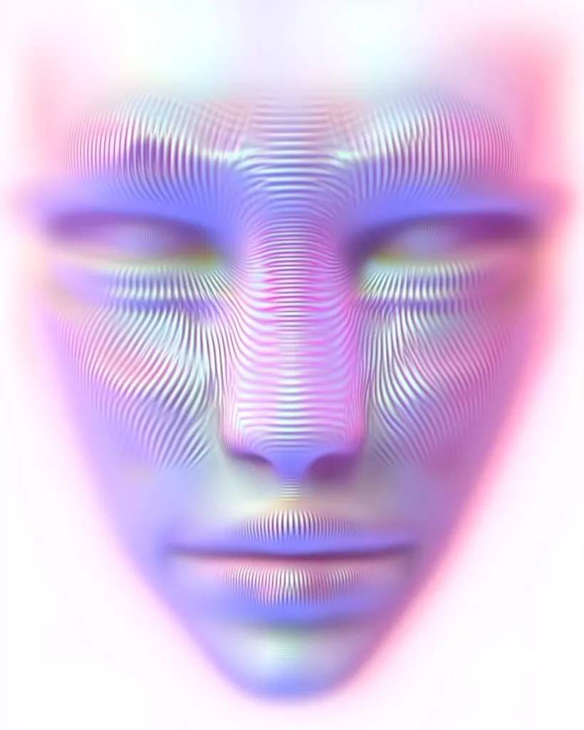 The image is a close-up of a face, with the eyes closed and the mouth slightly open. The face is rendered in a holographic style, with a shimmering, iridescent texture. The lines and patterns on the face create a sense of depth and dimension, highlighting the features. The overall effect is ethereal and abstract, suggesting a dreamlike or otherworldly quality.  The light pink and purple hues create a soft and calming atmosphere.