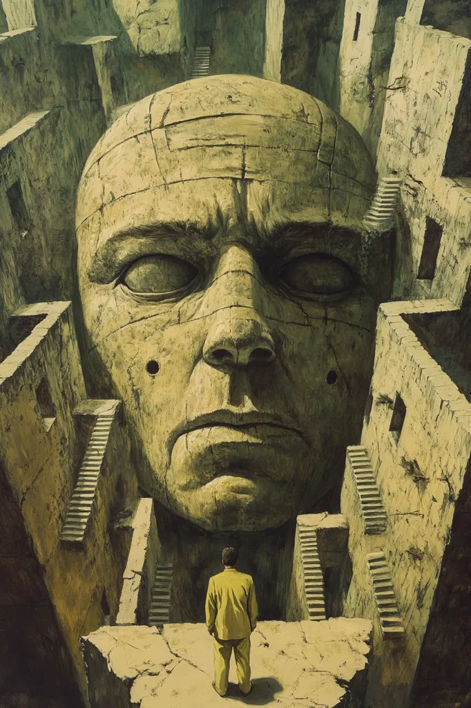 The image depicts a colossal stone face, its features weathered and imposing, filling the entire scene. The face is set against a backdrop of a crumbling stone city, with stairways leading up and down. A small, solitary figure in a yellow suit stands at the base of the face, dwarfed by its immense scale. The overall atmosphere is one of awe and mystery, hinting at a civilization long gone.