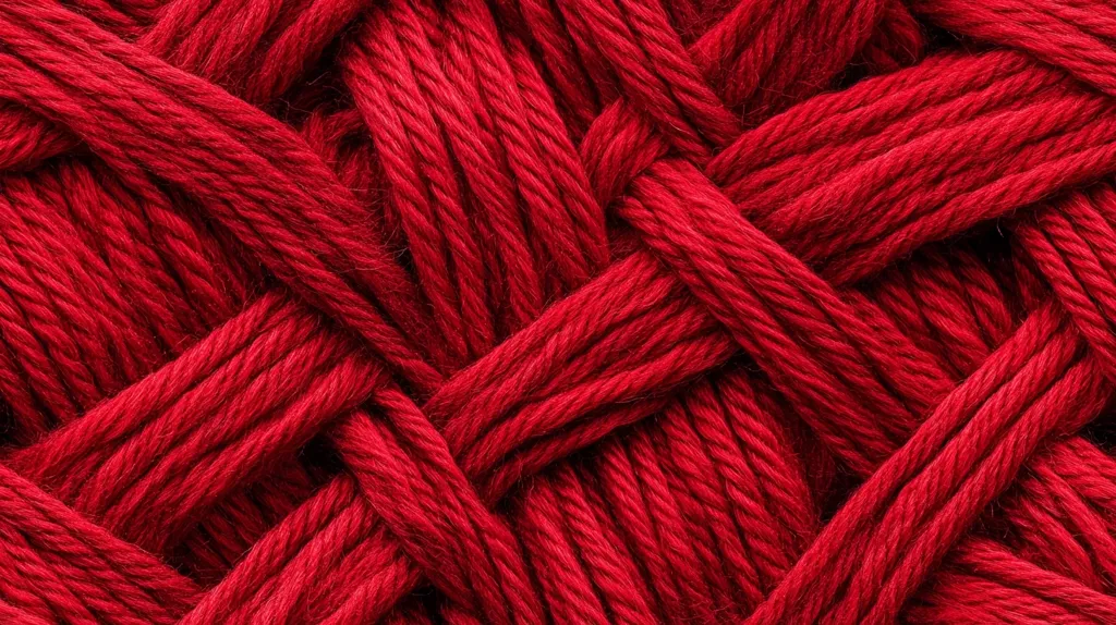 The image shows a close-up of a woven red yarn. The yarn is woven in a complex pattern, creating a dense and textured surface. The red color is rich and vibrant, and the light catches the yarn's texture, highlighting the individual strands. The image is a study in color and texture, capturing the beauty of simple materials.
