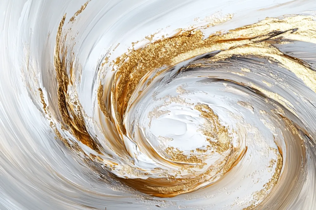 The image shows a swirling abstract painting in shades of white, gold, and brown. The central vortex is surrounded by layers of lighter hues that fade outwards. The gold paint appears to be shimmering, adding a touch of richness and luxury. The painting creates a sense of movement and depth, drawing the viewer's eye into its center.