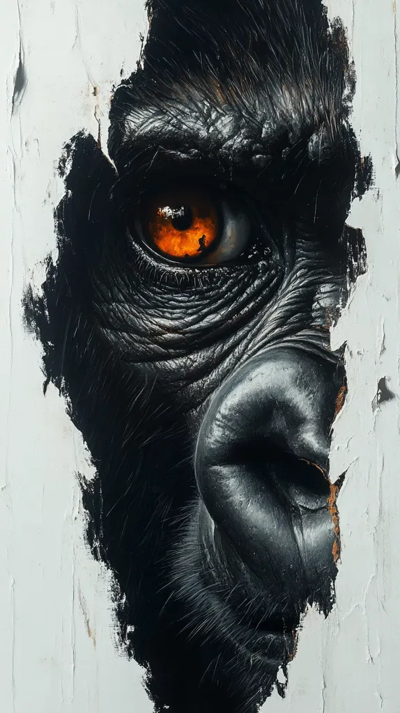 The image shows a close-up of a gorilla's face, peering out from a crack in a white wall. The gorilla's eye is large and dark, with an orange iris, and its fur is black and textured. The image is likely a painting, as the brushstrokes are visible. The composition is striking, with the gorilla's face emerging from the white background, creating a sense of mystery and tension. The image evokes feelings of power, dominance, and perhaps even a hint of danger.