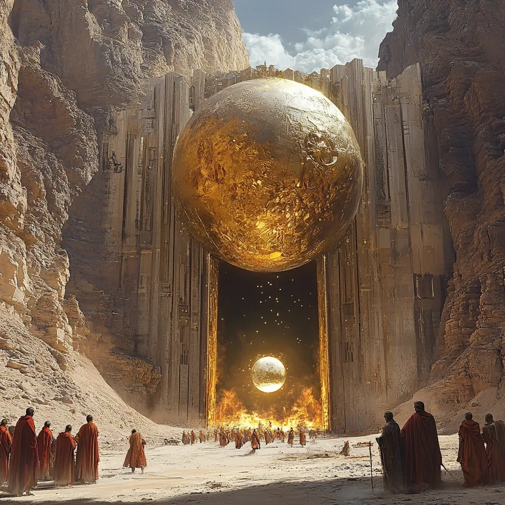 A massive golden sphere, seemingly a celestial body, hovers above a towering gate in a desert landscape. The gate, formed by a series of vertical panels, stands between two rock formations. A group of figures in red cloaks are gathered at the base of the gate, watching the glowing sphere. The scene evokes a sense of awe and wonder, suggesting a mystical or otherworldly event.  The light from the sphere bathes the scene in a golden glow, casting long shadows from the surrounding rocks.  The overall impression is one of grandeur and mystery.