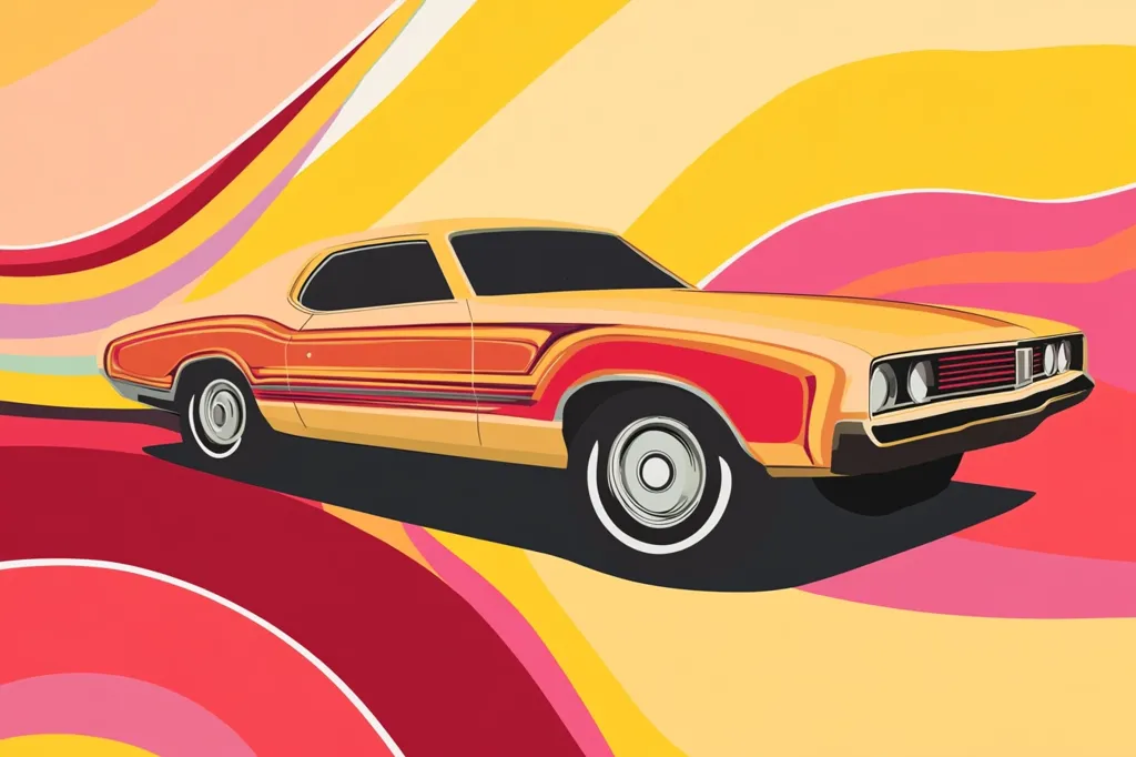 A yellow muscle car with red and orange racing stripes is driving across a background of psychedelic swirling lines in shades of yellow, orange, pink, and red. The car is in focus, and the background is blurred, giving the image a retro feel. The car's sleek design and powerful lines evoke a sense of speed and excitement. The swirling background adds a sense of movement and energy to the image.
